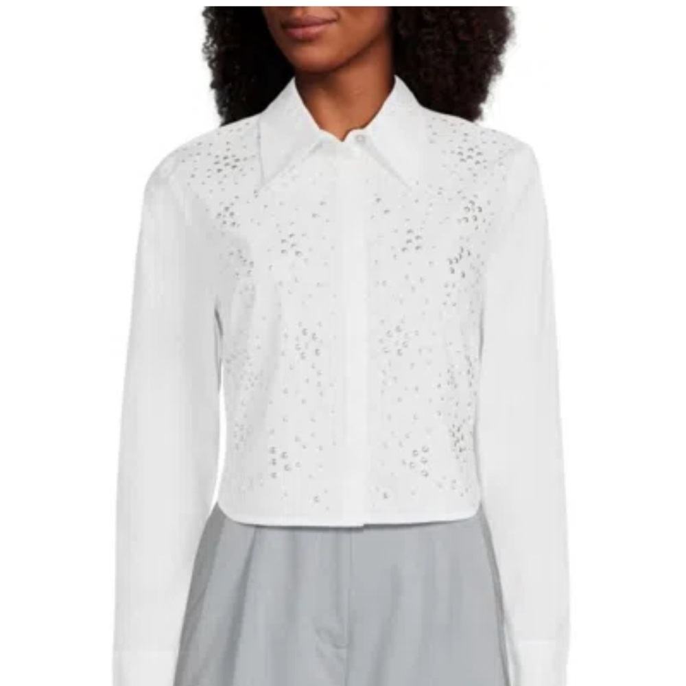 DKNY M Studded white crop woman 100% cotton long sleeve hidden button blouse